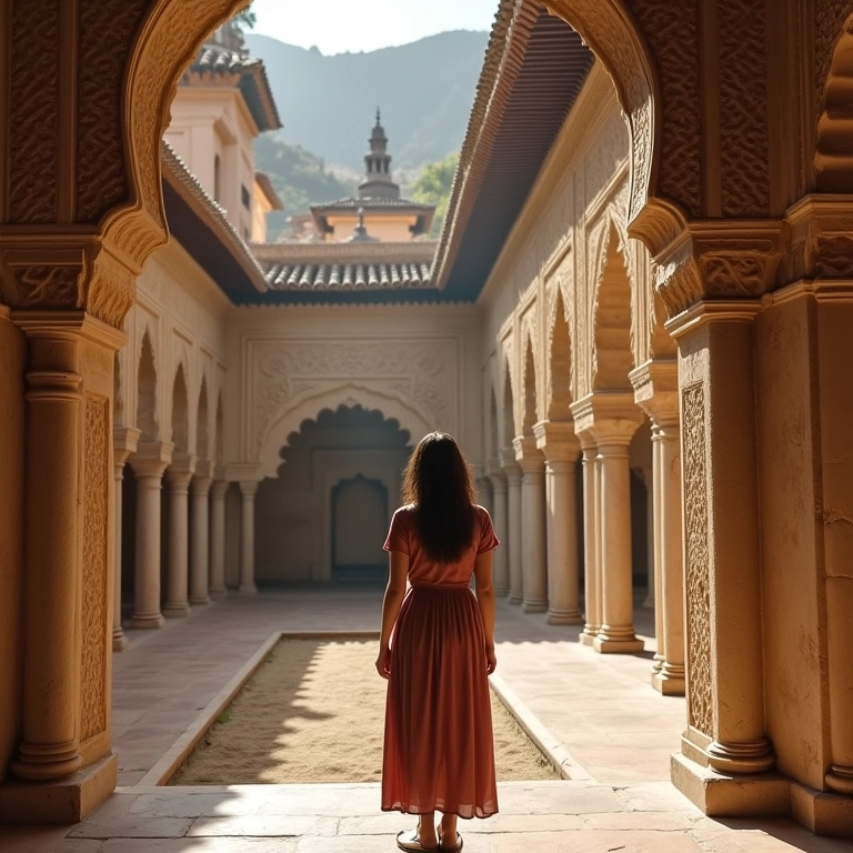 Mulher explorando a Alhambra em Granada, com sua arquitetura árabe.