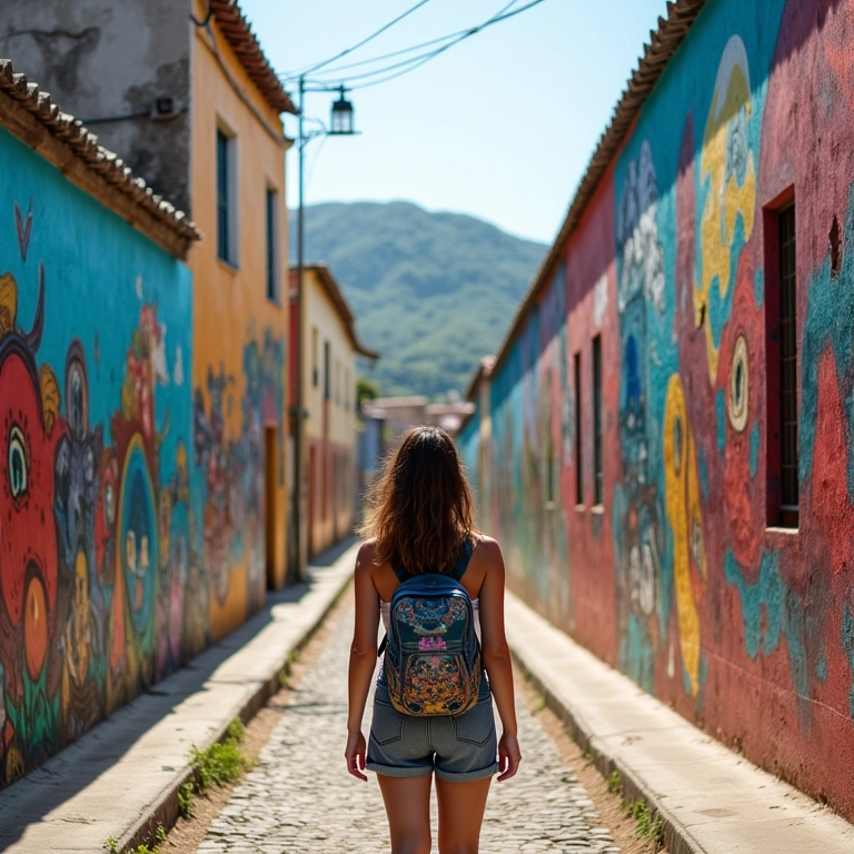 Mulher explorando arte de rua em Medellín
