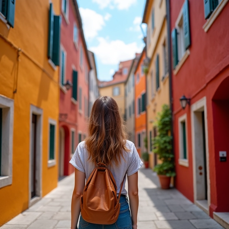 Mulher explorando as ruas coloridas de Rovinj, Croácia.
