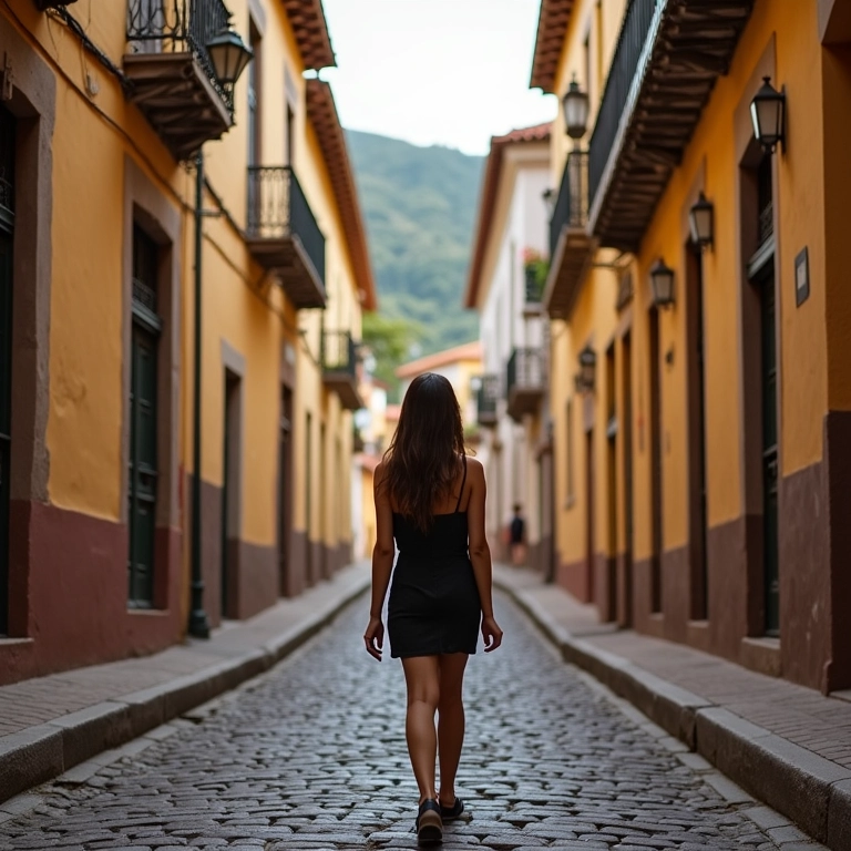 Mulher explorando as ruas históricas de Ouro Preto, Minas Gerais, durante a Páscoa.