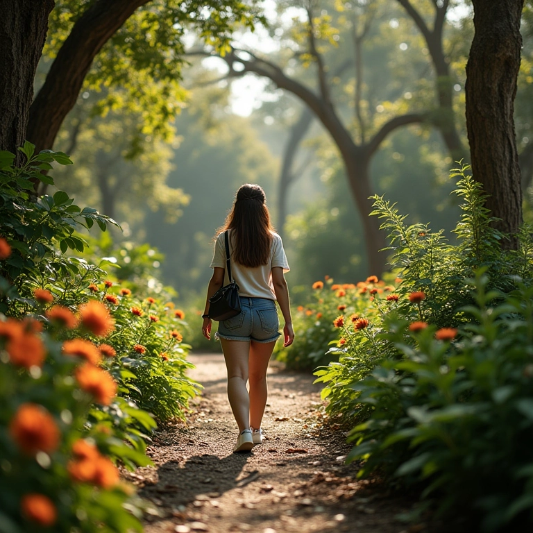 Mulher explorando jardim botânico exuberante perto de Orlando, com flores coloridas.