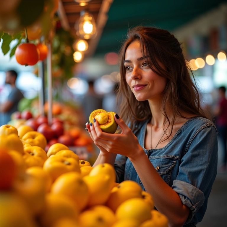 Mulher explorando mercado de rua em São Paulo.