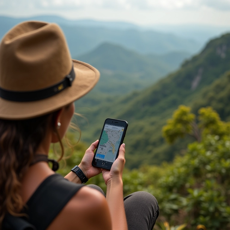 Mulher explorando roteiros personalizados em app com paisagem brasileira ao fundo.