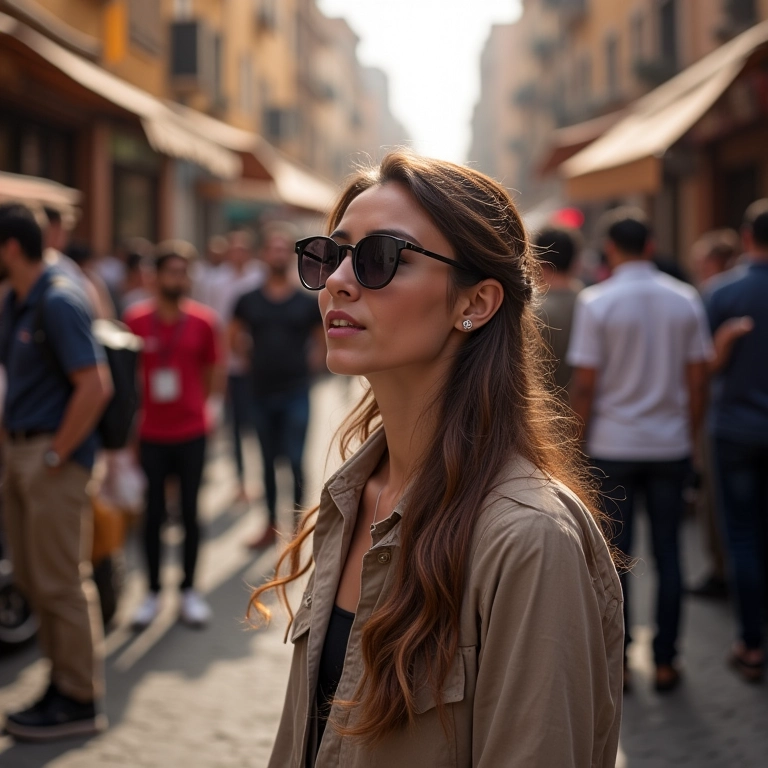 Mulher explorando rua movimentada no Cairo, interagindo com vendedores, desmistificando mitos sobre viagens femininas no Egito.