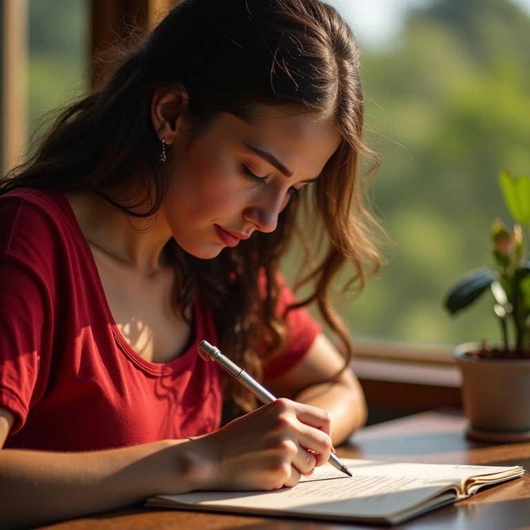Mulher expressando sentimentos profundos ao escrever uma carta de amor.