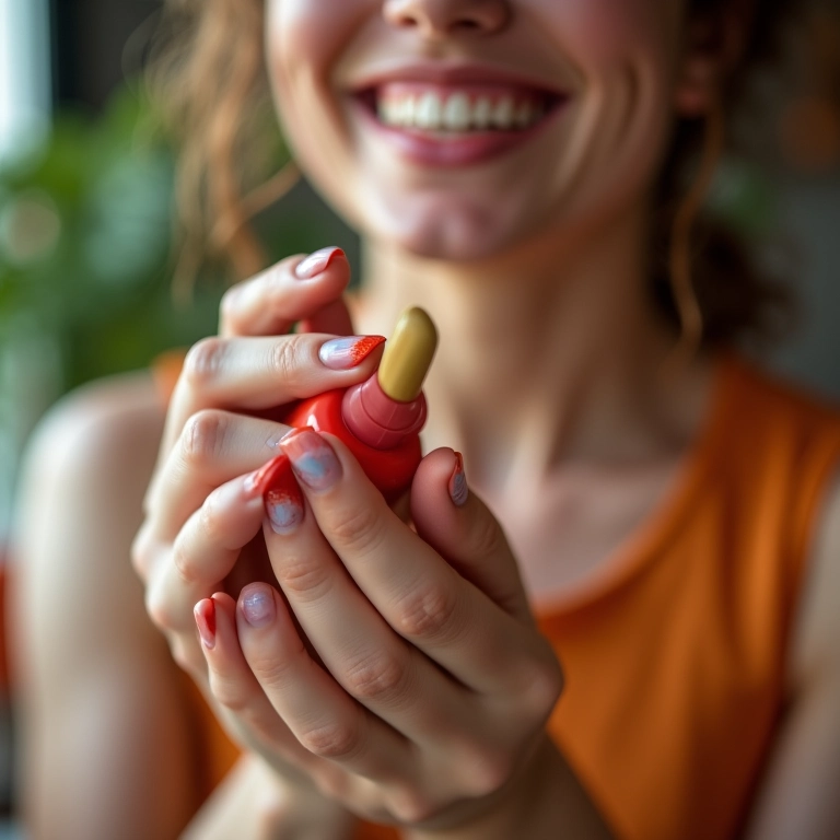 Mulher fazendo as unhas em casa com esmalte colorido.