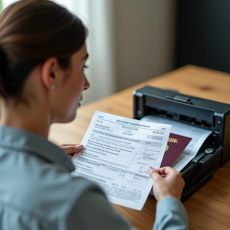 Mulher fazendo cópias de documentos importantes antes de viajar, passaporte e impressora em foco.