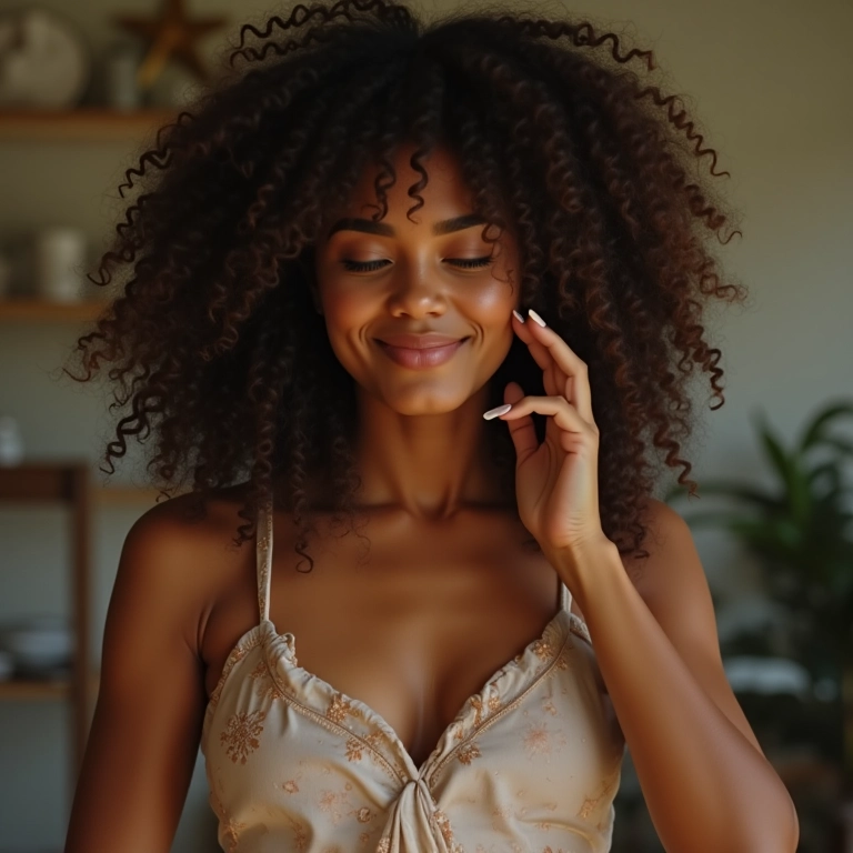 Mulher fazendo umectação capilar com óleo de rícino em casa.