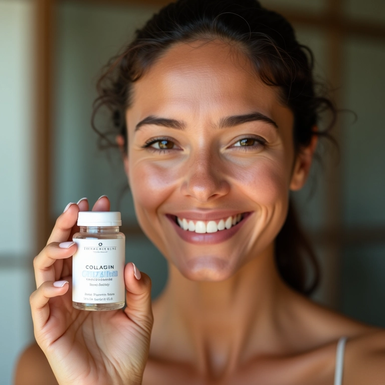 Mulher feliz segurando pote de colágeno hidrolisado.