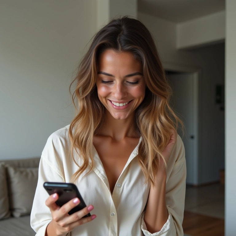Mulher feliz vendo economia financeira no celular após montar guarda-roupa cápsula.