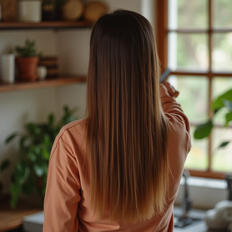 Mulher finalizando cabelo liso com produto anti-frizz.