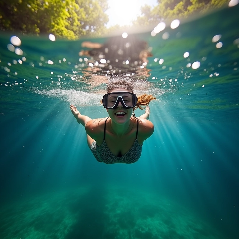 Mulher flutuando no Rio Sucuri, Bonito MS, com água cristalina e vegetação exuberante.