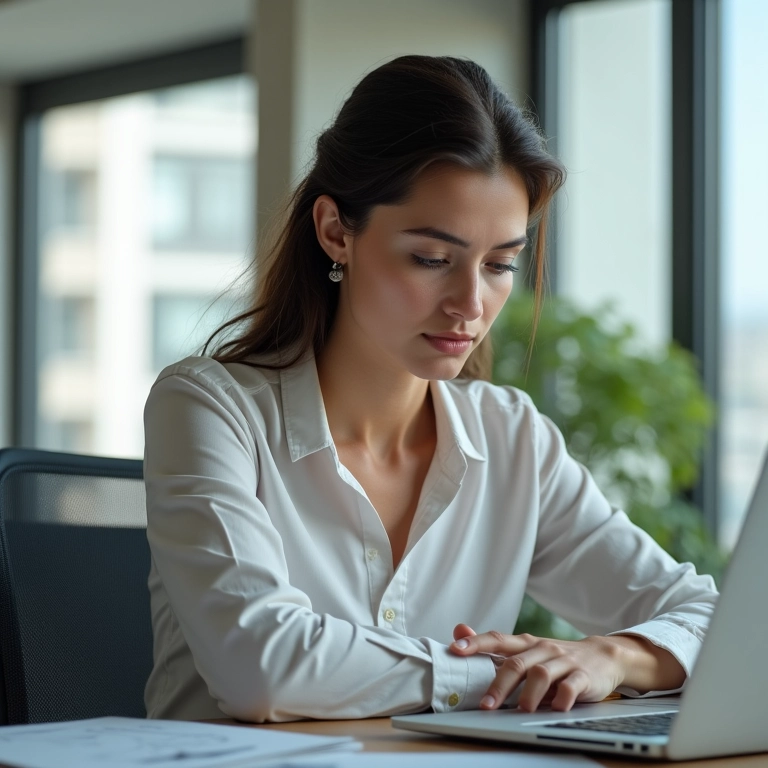 Mulher focada e eficiente no trabalho, representando a dedicação taurina.