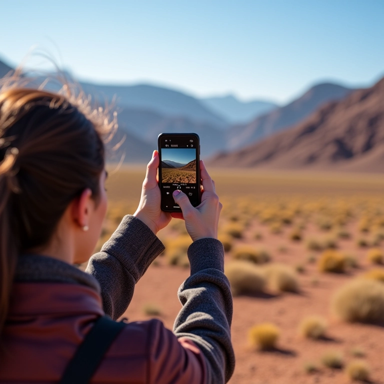 Mulher fotografando paisagem do Atacama, mostrando um roteiro personalizado.