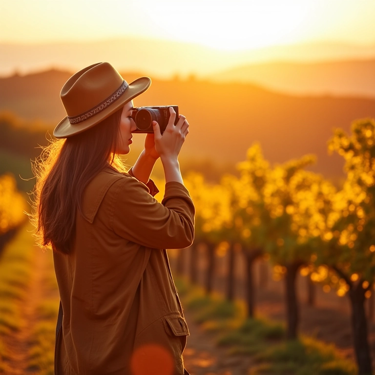 Mulher fotografando vinhedo na Toscana durante o outono, cores vibrantes.