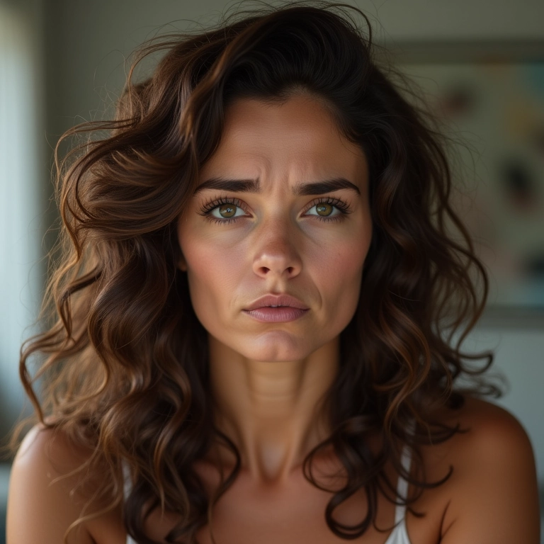 Mulher frustrada com frizz em cabelo ondulado, dificuldade de definição.