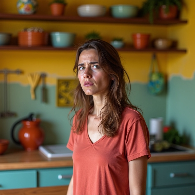 Mulher frustrada na cozinha, representando irritabilidade pós-parto.