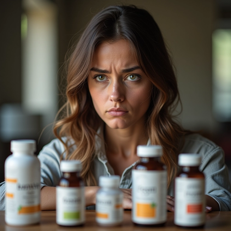 Mulher frustrada questionando a eficácia dos suplementos de beleza.