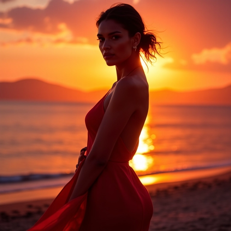 Mulher glamourosa em slip dress de seda longo posando no pôr do sol na praia de Ipanema.