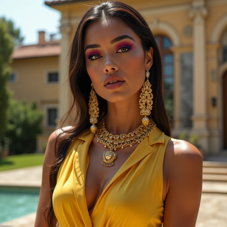 Mulher glamourosa inspirada em Donatella Versace em villa italiana.