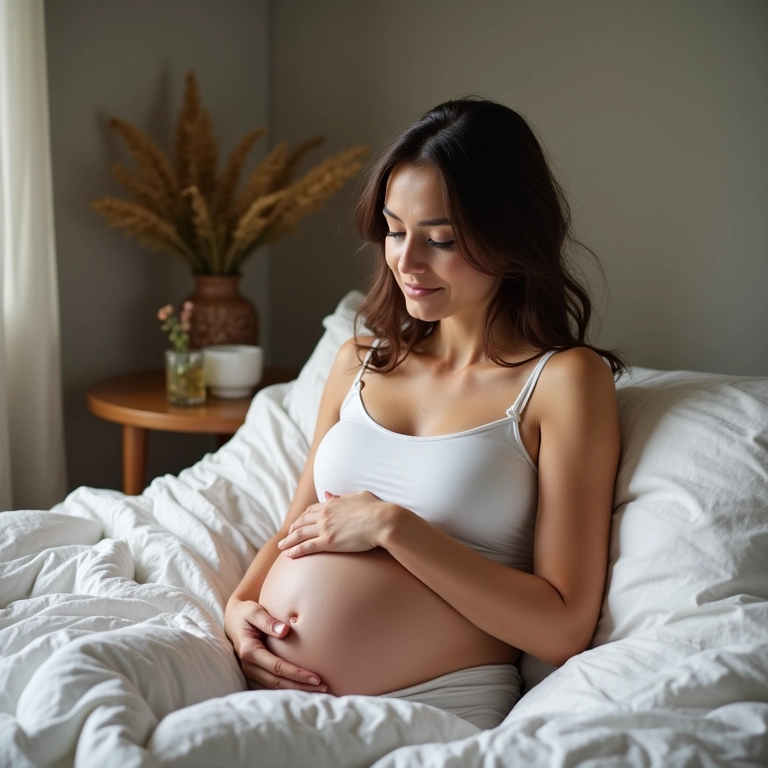 Mulher grávida com enjoo matinal, bebendo chá.