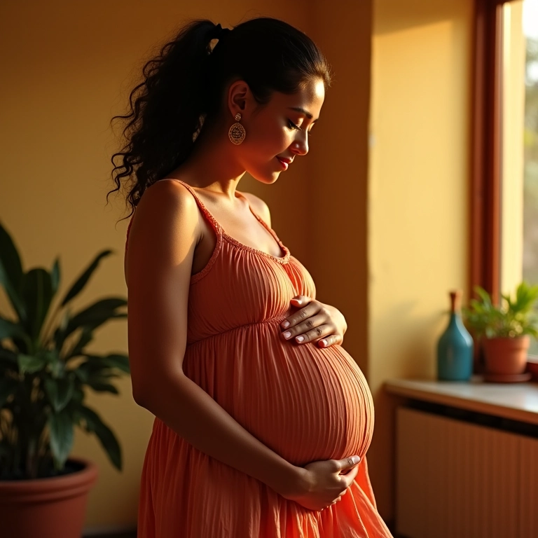 Mulher grávida radiante segurando a barriga com amor.