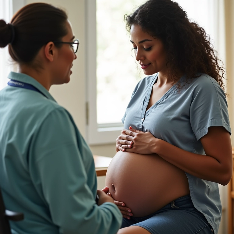 Mulher grávida recebendo resultado de exame de sexagem fetal em consultório médico.