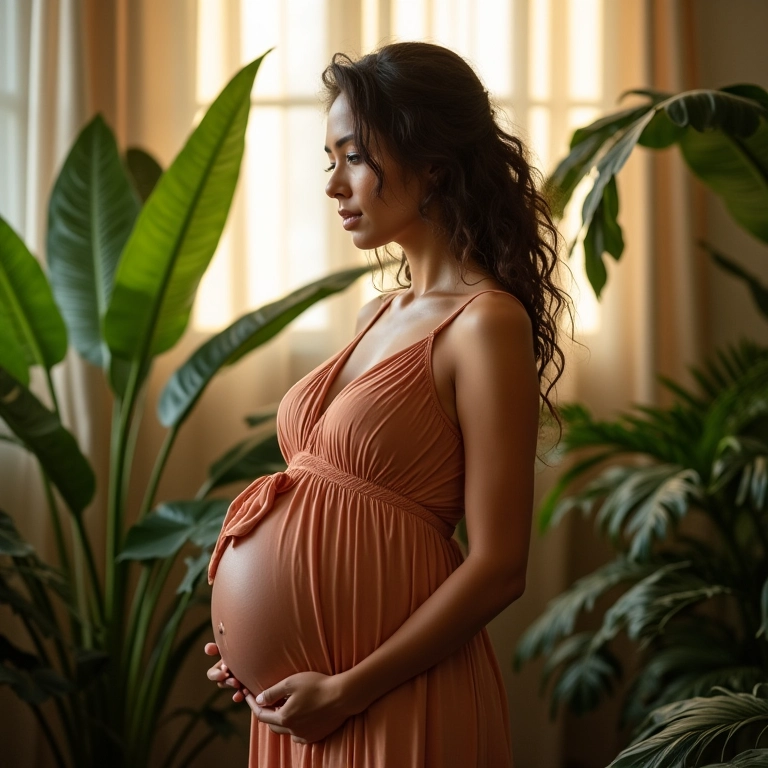 Mulher grávida sorrindo, ambiente aconchegante e iluminado.