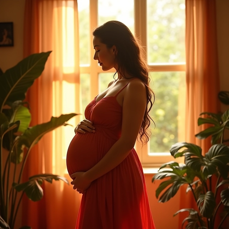 Mulher grávida sorrindo, com as mãos na barriga, luz natural.
