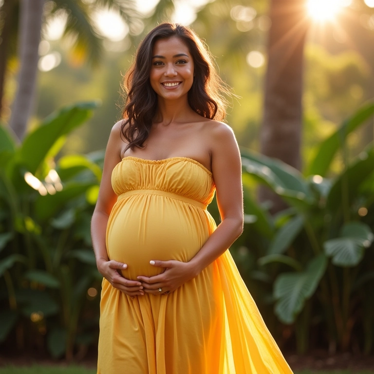 Mulher grávida sorrindo, vestindo um vestido longo e confortável em um cenário brasileiro ensolarado.
