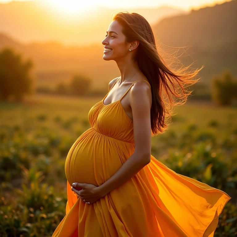Mulher grávida sorrindo, vestindo um vestido longo e elegante, com a luz do sol brasileira.