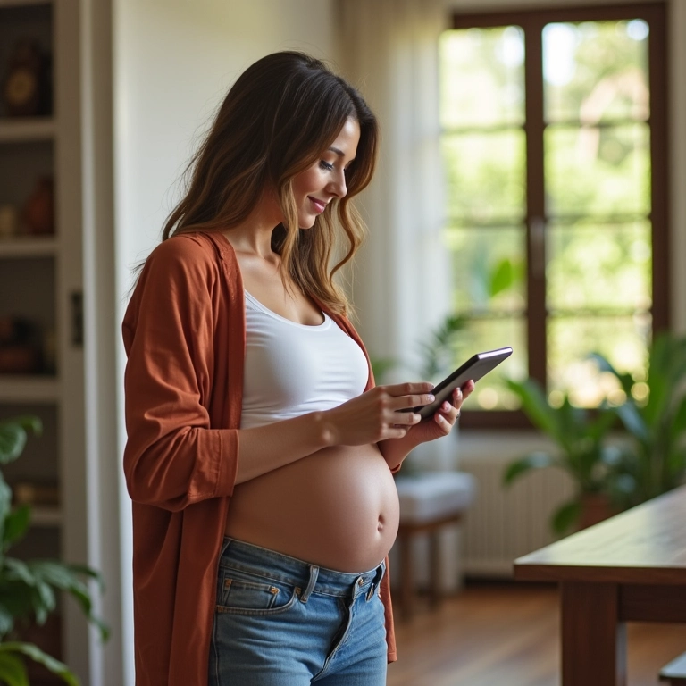 Mulher grávida usando calculadora gestacional online em casa.