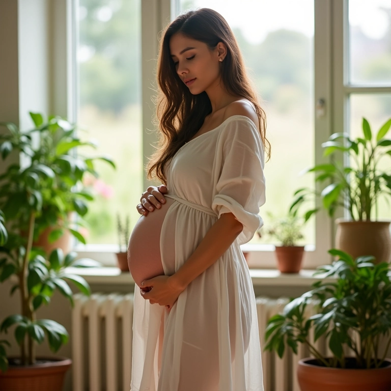 Mulher grávida vestindo blusa e vestido soltinhos, ambiente iluminado e alegre.