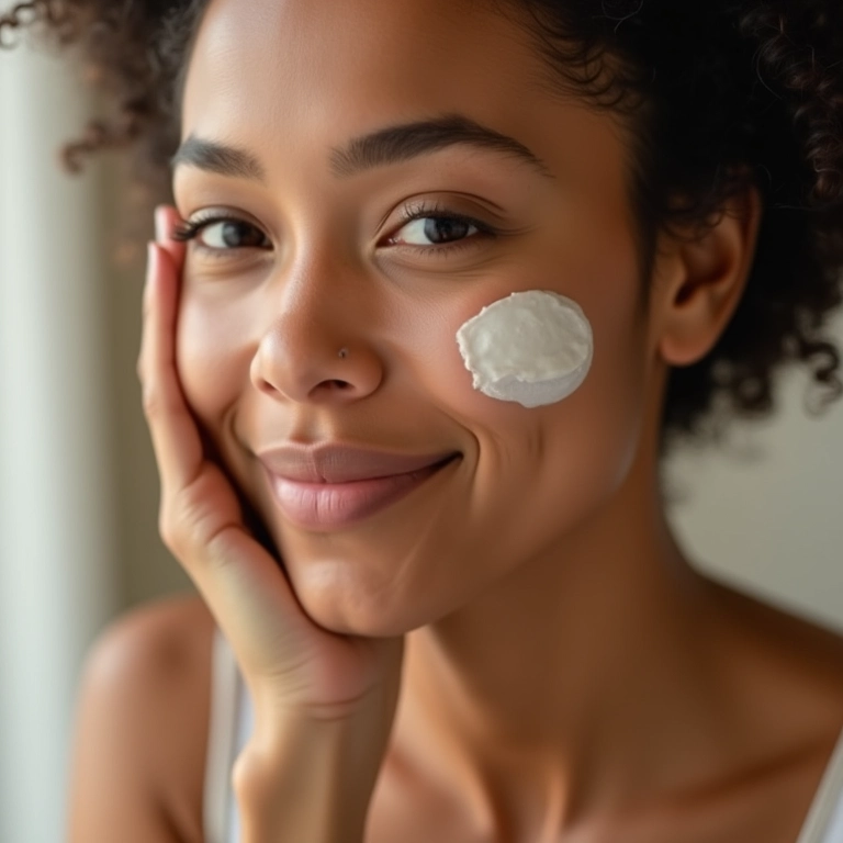 Mulher hidratando o rosto com creme facial.