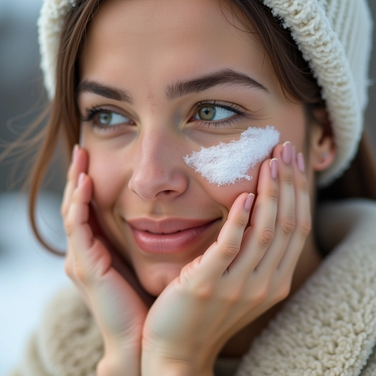 Mulher hidratando o rosto com creme no inverno.