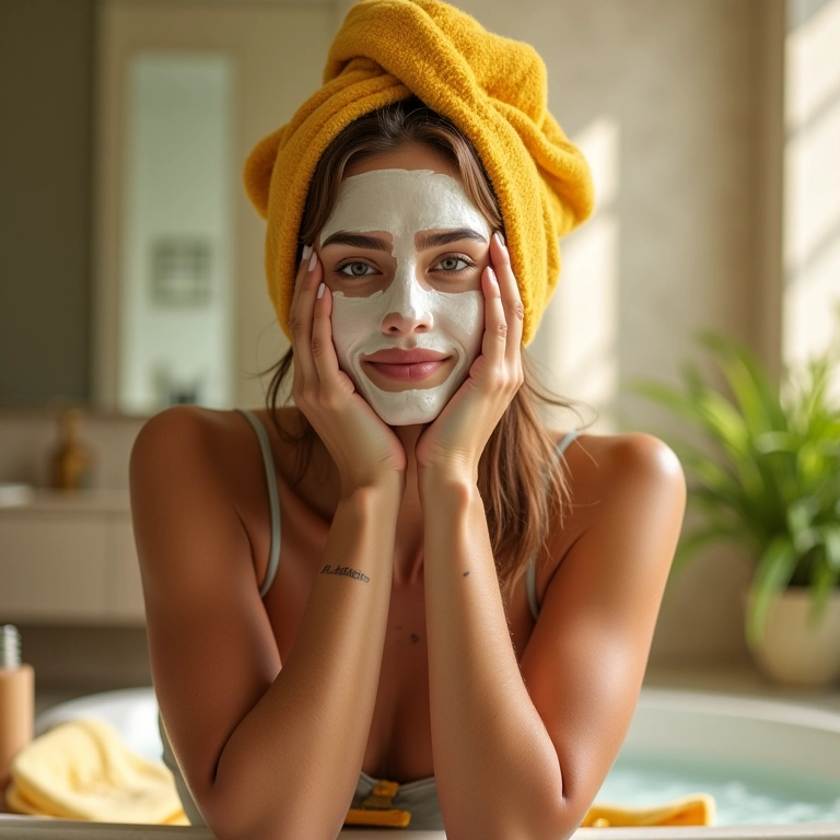 Mulher hidratando os cabelos com máscara capilar em banheiro decorado com estilo brasileiro.
