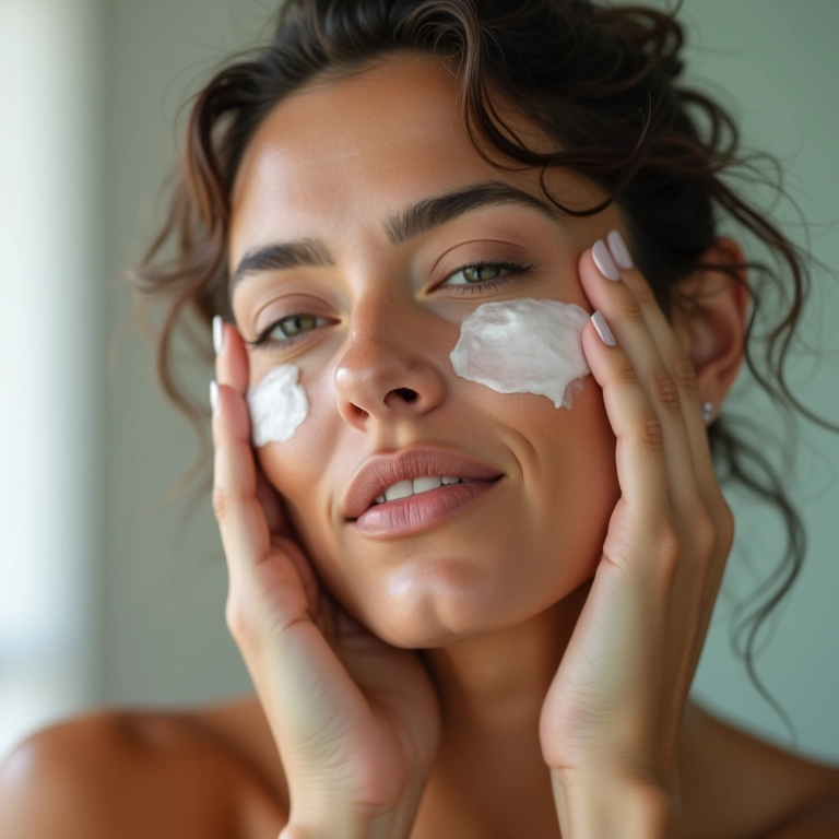 Mulher higienizando o rosto com sabonete facial em um banheiro iluminado.