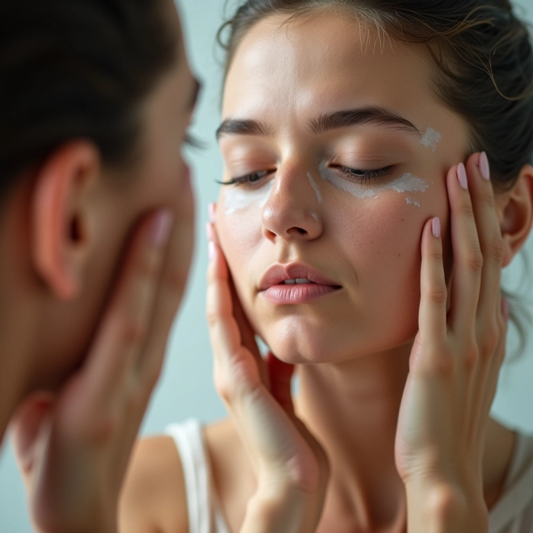 Mulher identificando áreas oleosas e secas em sua pele mista em frente ao espelho.