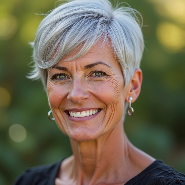Mulher idosa elegante com corte de cabelo curto moderno e cabelo grisalho texturizado.