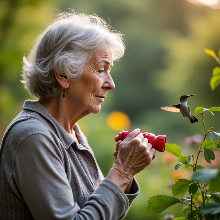 Mulher idosa observando beija-flor, atenta aos sinais da natureza e à sua sabedoria.