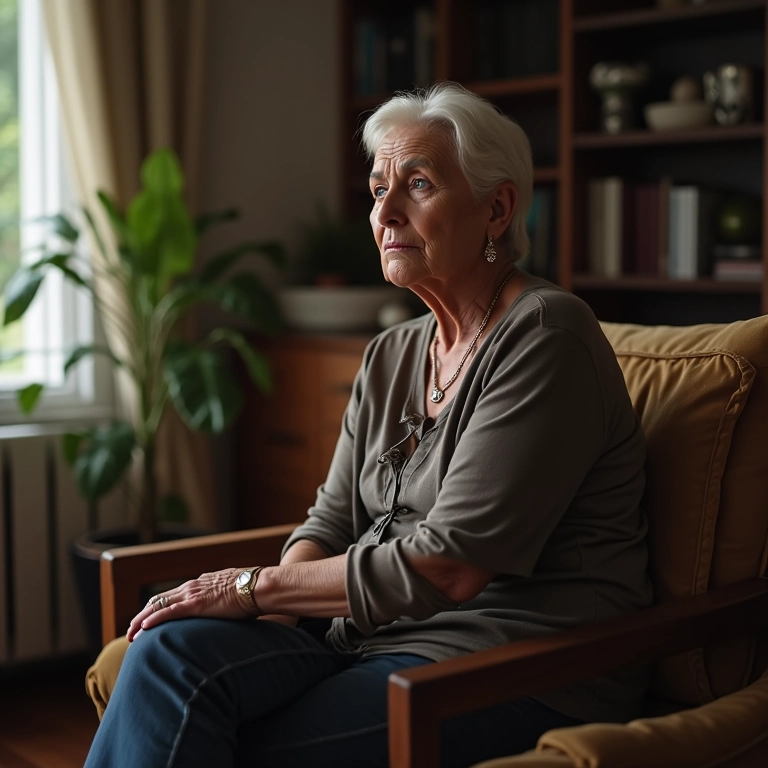 Mulher idosa sentada sozinha, triste, em sala com decoração brasileira, representando luto.