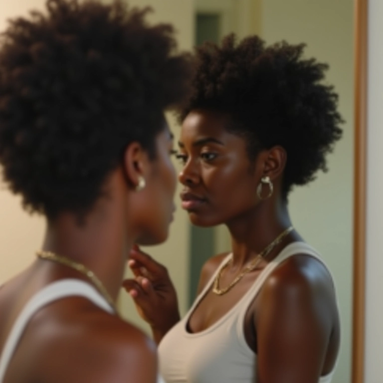 Mulher indecisa sobre fazer o big chop ou a transição gradual.