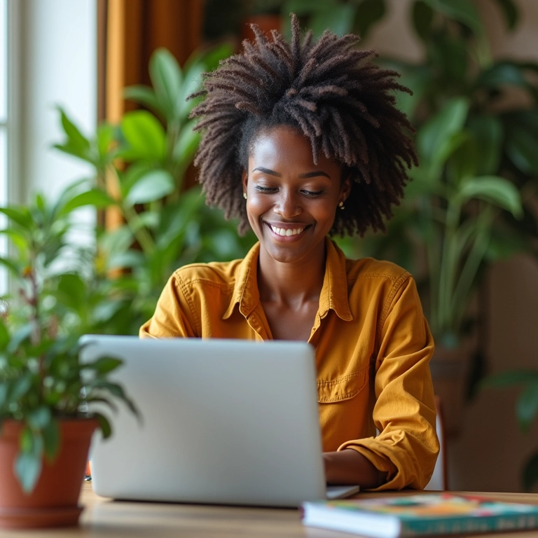Mulher independente trabalhando em seu escritório em casa com decoração brasileira.