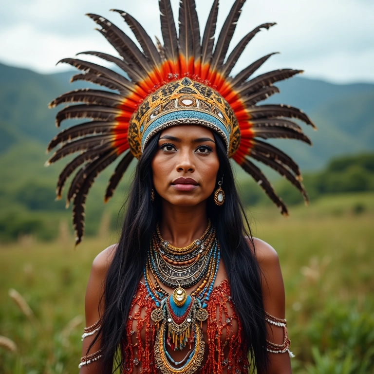 Mulher indígena adornada com cocar e vestes tradicionais vibrantes.