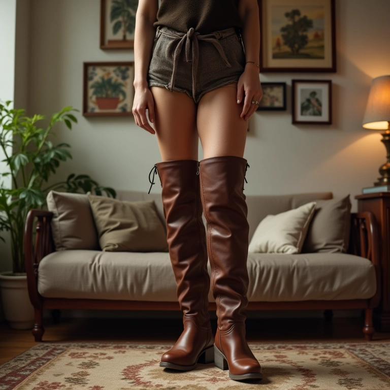 Mulher indígena com botas de cano alto em apartamento estiloso com decoração brasileira.