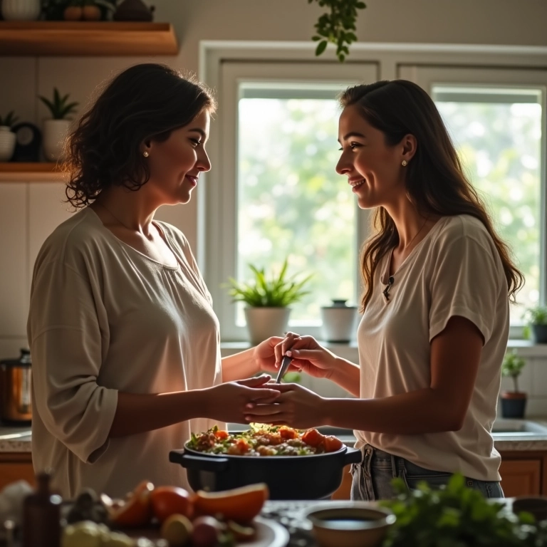 Mulher iniciando uma conversa com seu parceiro enquanto preparam o jantar juntos em uma cozinha brasileira.