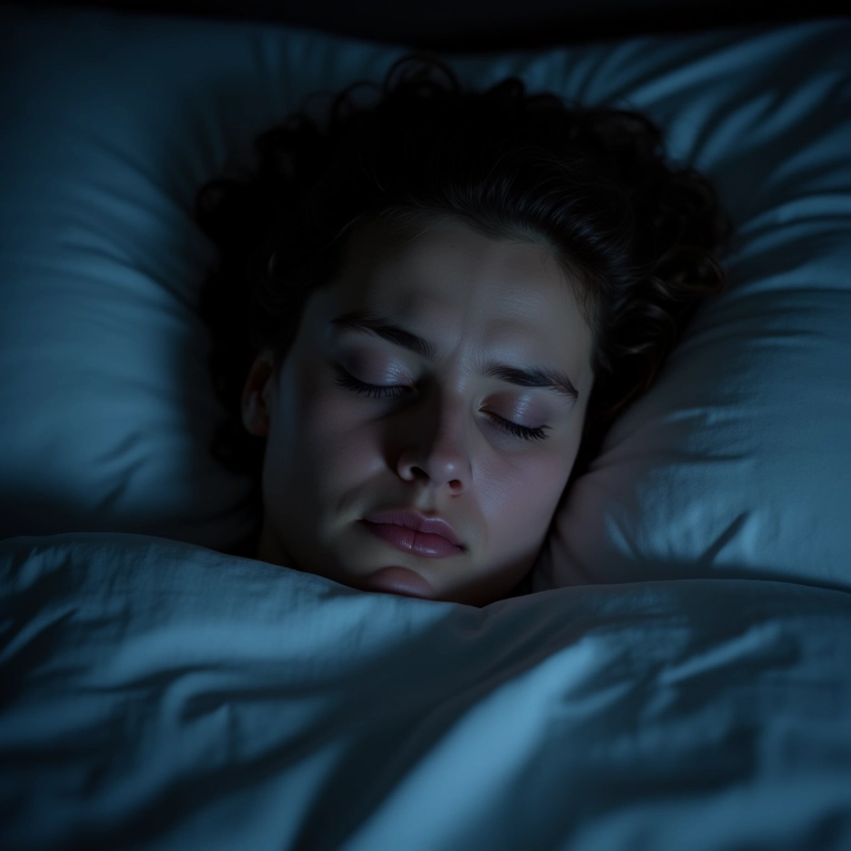 Mulher insone deitada na cama à noite, com olheiras e ansiosa.