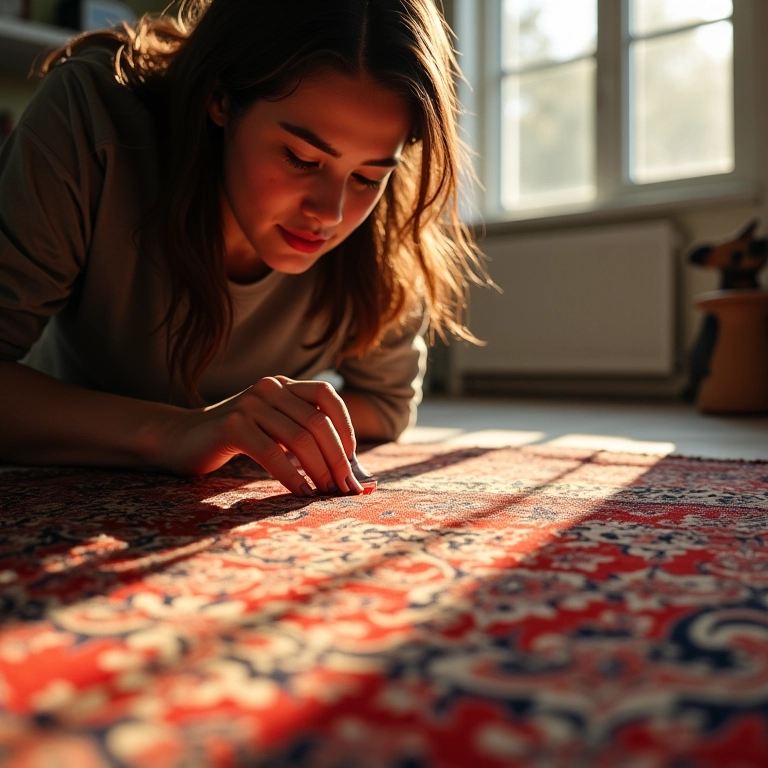 Mulher inspecionando um tapete persa em busca de sujeira.