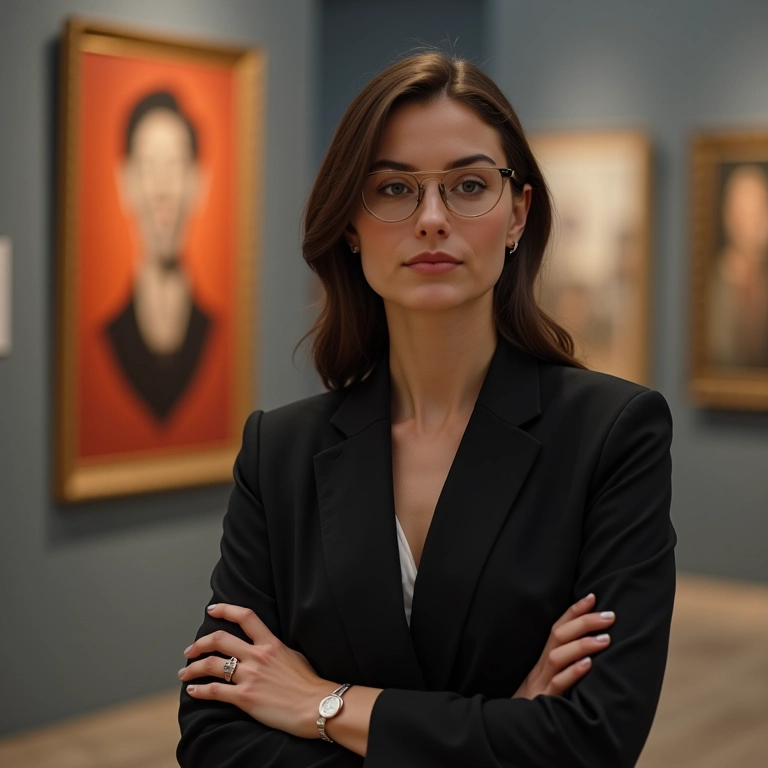Mulher intelectual vestindo Prada em galeria de arte moderna.