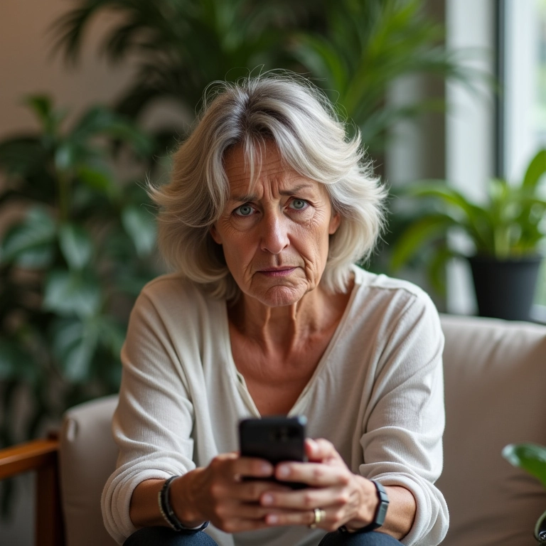 Mulher irritada e impaciente ao telefone, refletindo irritabilidade excessiva.